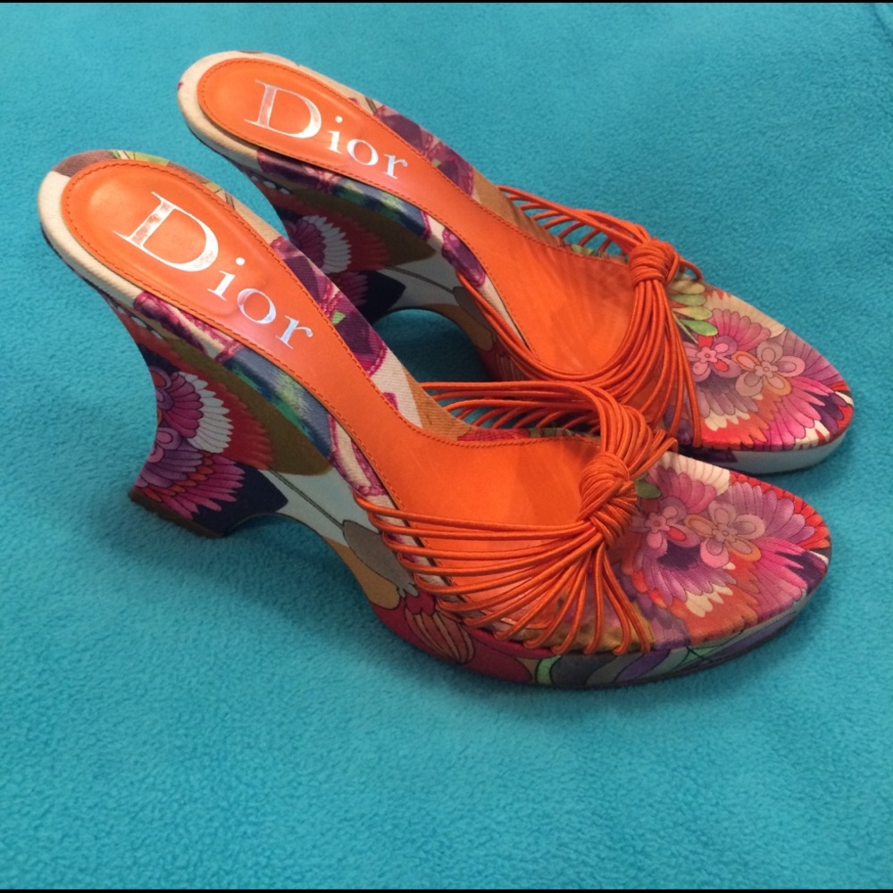 Dior Vibrant Orange and Purple Wedges with Intricate Details